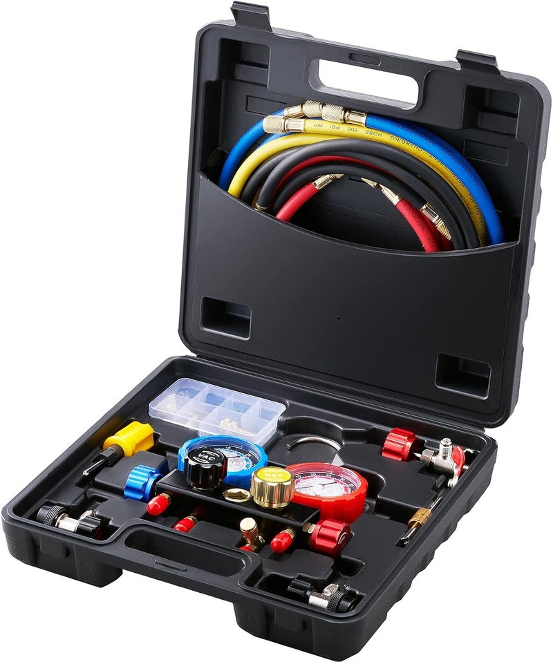 VEVOR 4 Way AC Gauge - AC Manifold Gauge Set for R134A R22 R12 R410A Refrigerant, Freon Gauges with 5ft Hoses, Couplers, Can Tap Works on Car Auto Freon Charging and Evacuation - Image 1